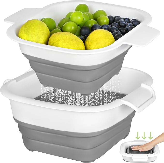 ROTTOGOON Collapsible Colander Set with Strainer Bowl, 2 in 1 Fruit Washing Basket with Strainer, 5 + 3 QT Plastic Colanders for Kitchen, Foldable Double Layered Colanders Bowl for Vegetable, Grey