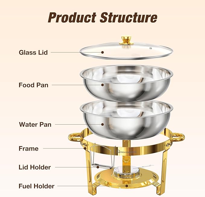Gold Chafing Dishes for Buffet with Glass Lid (5QT, 4 Pack), Round Stainless Steel Chafers and Buffet Warmers Sets with Lid Holder, Rolled Edge Design, for Catering Events, Parties, Weddings