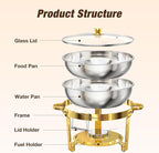 Gold Chafing Dishes for Buffet with Glass Lid (5QT, 4 Pack), Round Stainless Steel Chafers and Buffet Warmers Sets with Lid Holder, Rolled Edge Design, for Catering Events, Parties, Weddings