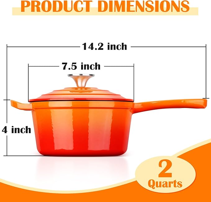 E-far Enameled Cast Iron Sauce Pan, 2 Quart Dutch Oven Saucepan with Lid, Small Sauce Pot for Cooking, Boiling, Healthy & Non Toxic, Induction & Oven Safe, Orange