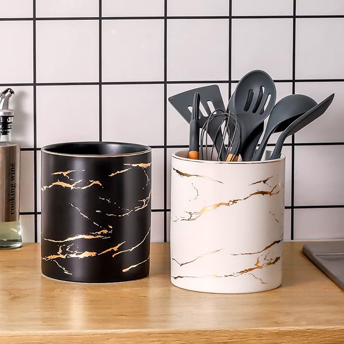 7" Marble Utensil Holder, Large Kitchen Utensil Holder Organizer , Golden Marble White Stable Utensil Crock Spatula Holder for Kitchen Counter Countertop Farmhouse Cooking Tools Holder