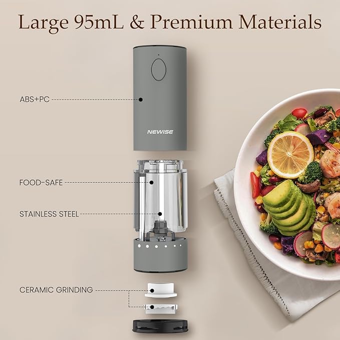 Electric Salt and Pepper Grinder Set Rechargeable with LED Lights, Automatic Pepper & Salt Mill, Adjustable Coarseness, Large Capacity, Grey