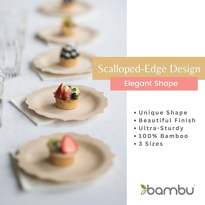 Bambu Pack of 8 - 7 Inch Disposable Bamboo Plates Fancy, Biodegradable Eco Friendly Products, Bamboo Disposable Plates for Events, Compostable Plates