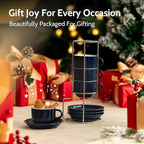 Sweese 8 Ounce Porcelain Stackable Cappuccino Cups with Saucers and Metal Stand - for Specialty Coffee Drinks, Cappuccino, Latte, Americano and Tea - Set of 4, Navy