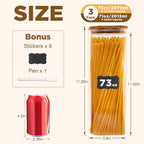 Glass Pasta Storage Jars Square 73oz, 3 Pack Glass Jars With Bamboo Lids, Tall Kitchen Storage Containers For Pasta, Storage For Pantry Organizers