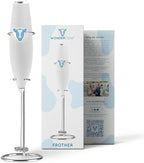 Milk Frother Hand Mixer, Stainless Steel Electric Matcha Whisk, Handheld Mixer for Coffee, Greens, Protein & More, Battery Operated, Easy to Clean & Includes Whisk Stand (White)