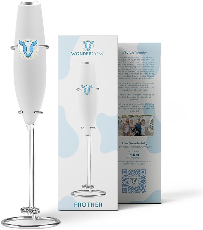 Milk Frother Hand Mixer, Stainless Steel Electric Matcha Whisk, Handheld Mixer for Coffee, Greens, Protein & More, Battery Operated, Easy to Clean & Includes Whisk Stand (White)