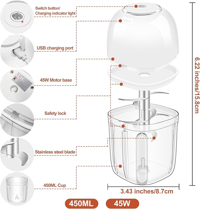 450ML Electric Garlic Chopper, Mini Portable Food Processor, Garlic Grinder Masher for Onion, Ginger, Chili, Fruit, Vegetable, Meat