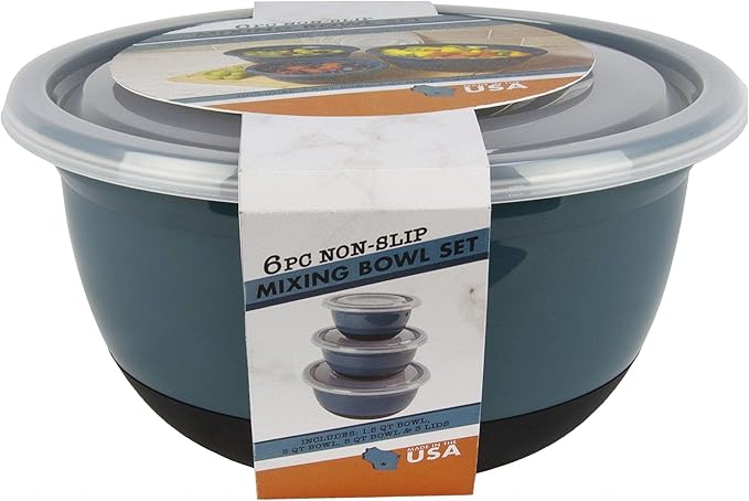 Crisp 6-Piece Non-Slip Bowl Set - Plastic, Durable Kitchenware, Dishwasher Safe - Made in the USA - Prussian Blue