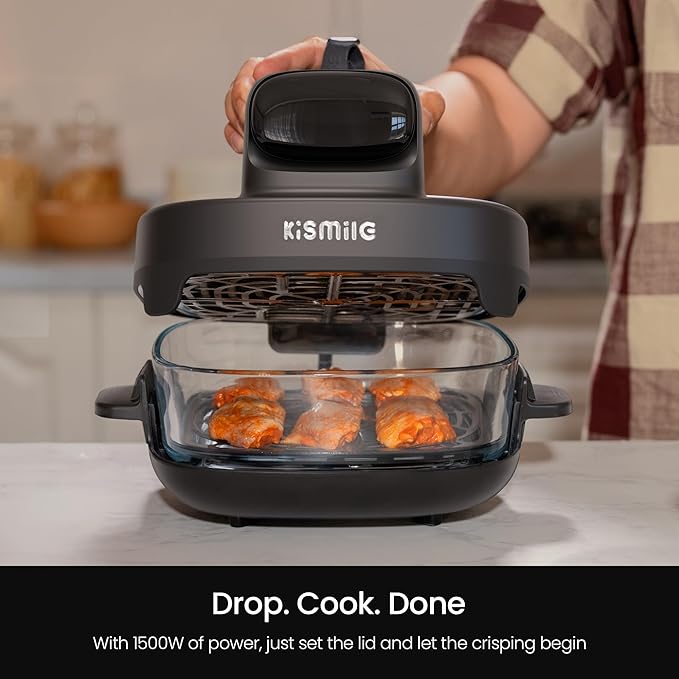 Kismile Roasti 5-in-1 Portable Glass Air Fryer, 2.6QT & 4.7QT Dual Glass Containers with Lids, Compact & Portable Design for Crispy, Roasted, and Warmed Meals – Dishwasher & Freezer Safe (Dark Grey)