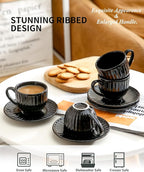 Hasense 4 Oz Espresso Cups with Saucers Set of 4, Ribbed Cappuccino Cups Ceramic for Coffee,Espresso,Double shot,Latte and Macchiato, Demitasse Cups Set Aesthetic Gift, Black