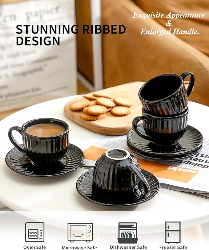 Hasense 4 Oz Espresso Cups with Saucers Set of 4, Ribbed Cappuccino Cups Ceramic for Coffee,Espresso,Double shot,Latte and Macchiato, Demitasse Cups Set Aesthetic Gift, Black