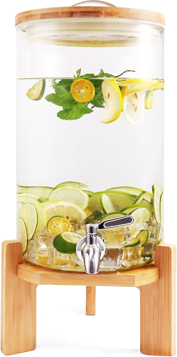 Beverage Dispenser,2.1 Gallon Glass Drink Dispenser with Stand,Glass water dispenser with Spigot, Large Drink Dispensers for Parties,Water Dispensers for Bar,Wedding,Restaurants 8L