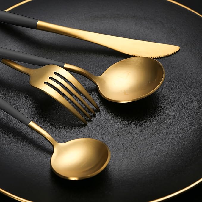 40 Pieces Matte Black&Gold Silverware Set, Stainless Steel Black&Gold Flatware Set for 8, Satin Finish Spoons and Forks Silverware Set, Black&Gold Cutlery Utensils Set, Dishwasher Safe