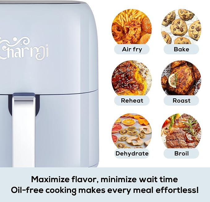 Charmi 5QT Air Fryer – Beautiful Retro Design, Stylish Countertop Look, Nonstick & PFAS-Free, Safe Auto Shutoff, Digital Touchscreen, 8 Cooking Presets (Pastel Blue)