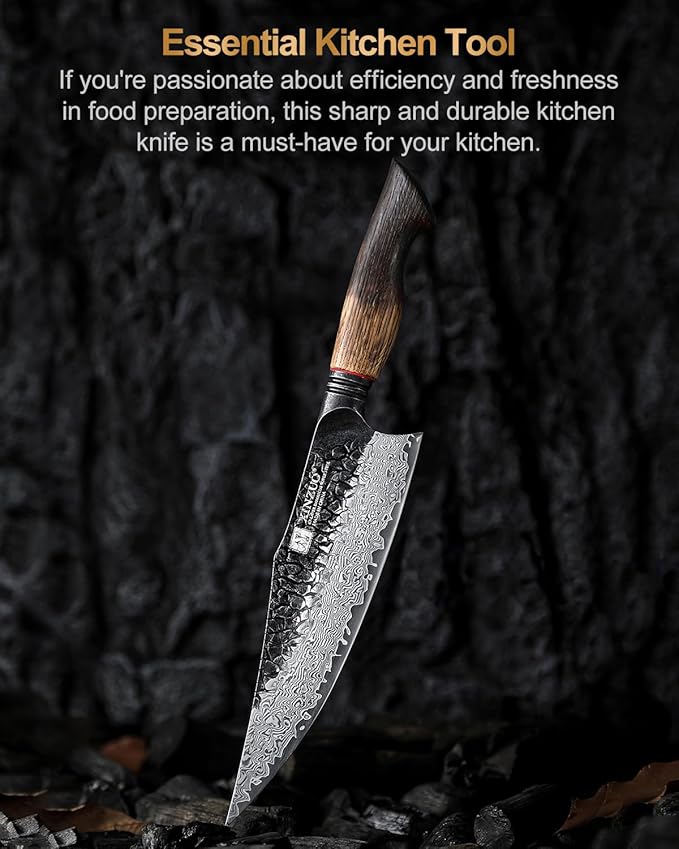 XINZUO 8.6 inch Professional Damascus Chefs Knife,67 Layers Damascus Steel Kitchen Knife,10Cr15CoMoV Steel Core,Very Sharp for Vegetables Meat Cutting for Home Kitchen,Burnt White Oak Wood Handle