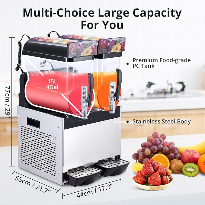 Commercial Slushy Machine, 15L*2 slushy machine for home, 700W Professional cocktail margarita Frozen Drink Maker with Automatic cleaning mode, Stainless Steel Construction, Efficient