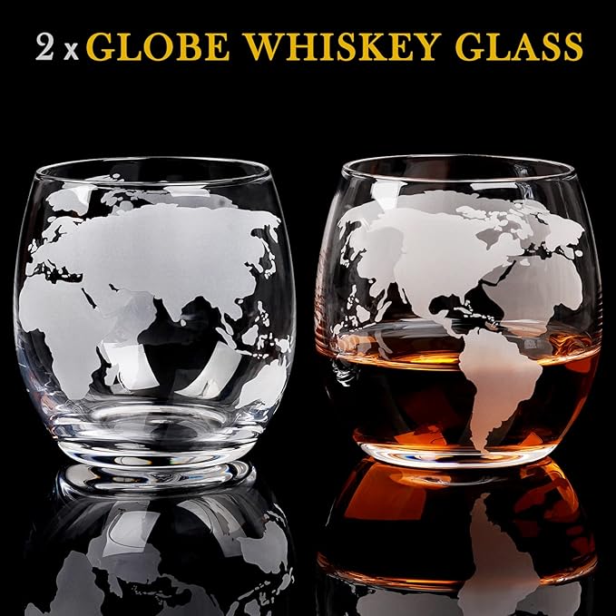 PONPUR Gifts for Men Dad Christmas, Whiskey Decanter Globe Set with 2 Ball Stones & 2 Glasses, Anniversary Birthday Gifts for Him Husband Boyfriend Brother, Cool Stuff Gift for Bourbon Scotch