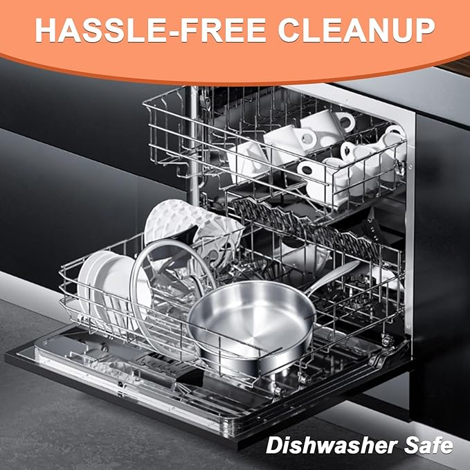 EWFEN 12 Inch Tri-Ply Stainless Steel Frying Pan, Deep Frying Pan with lids, Compatible with All Cooktops Up to 600℉, Induction Cooking Pan, Dishwasher and Oven Safe, Fast & Even Heat