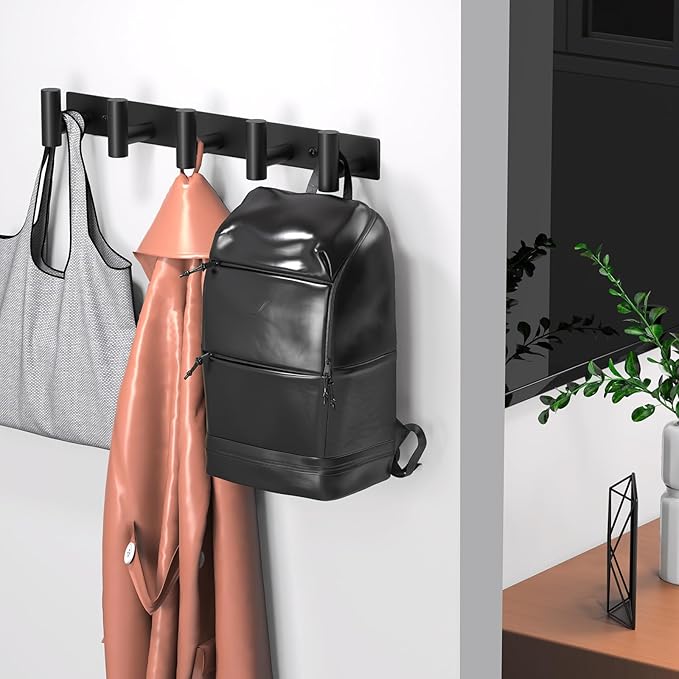 Wall Mounted Coat Rack-5 Hooks, Heavy Duty Stainless Steel Hook Rail for Towel Coat Hat Purse Bag Jacket, Towel Hooks for Entryway Bathroom Kitchen (Black 5 Hooks - 1 Pack)