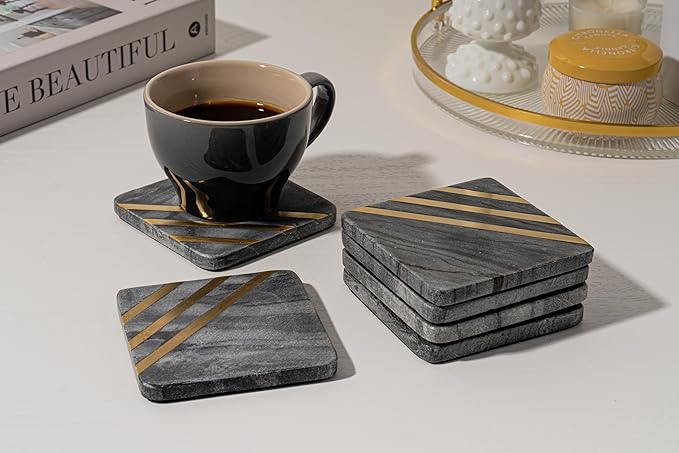 Cork & Mill Grey Marble Coasters Set of 6 - Real Natural Stone Gray and Black Coasters for Drinks - Luxury Gold Aesthetic - Modern Coffee Table Decor - Semi Absorbent Stone