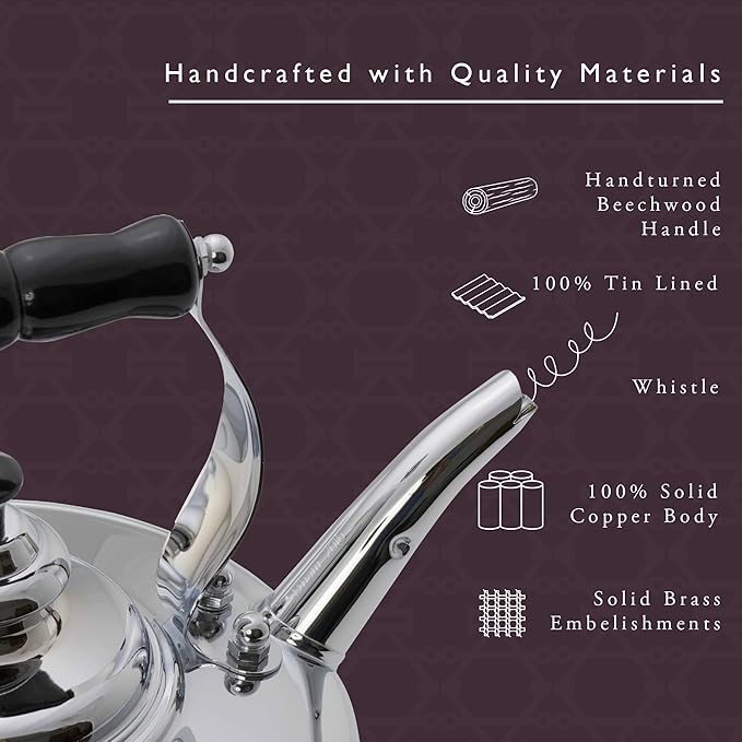 Newey & Bloomer Kensington No. 3 Tea Kettle, 1.9 Qt. - Solid Copper with Beechwood Handle Kitchen Essentials, Vintage-Inspired Boiler with Whistling Lid - Gas & Electric Stovetop Compatibility