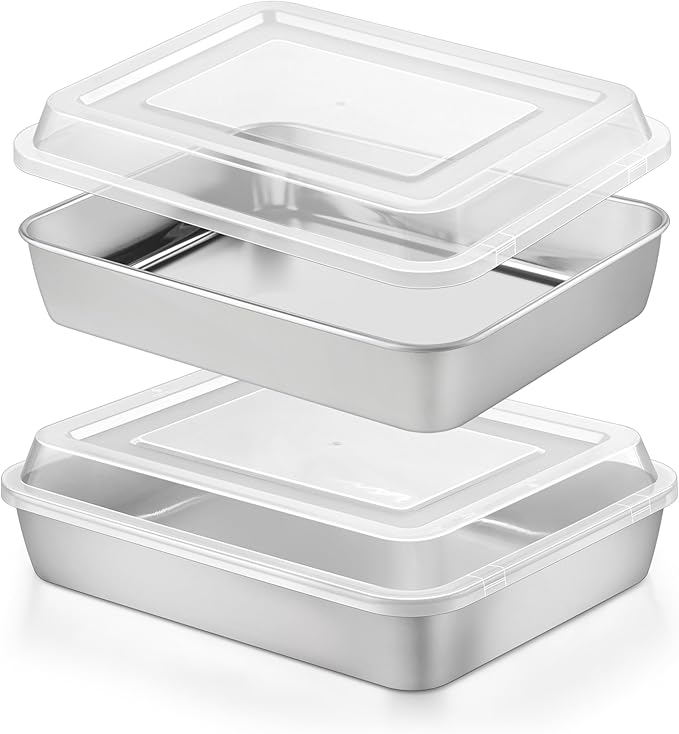 Herogo Baking Pan with Lid, 7 x 9 Inch Stainless Steel Nonstick Deep Pan, Rectangle Cakes Bakeware with Lid for Brownies Casseroles, Non Toxic & Dishwasher Safe, Set of 2