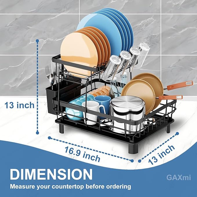 GAXmi Dish Drying Rack Over The Sink Drainer with Drainboard Utensil Holder Cup Holder, 2-Tier Black
