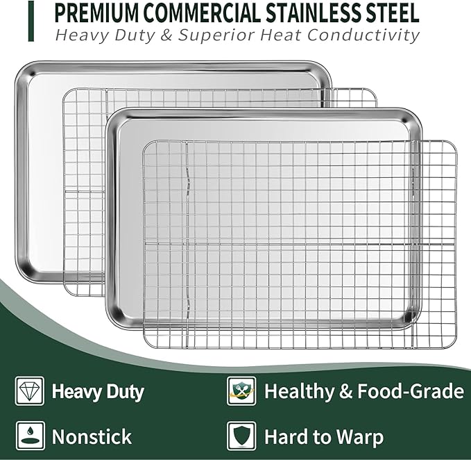 Small Baking Sheet with Rack Set [2 Cookie Sheets + 2 Baking Racks], CEKEE Stainless Steel Small Baking Pan and Grill Rack - Rust & Warp Resistant & Nonstick, Size 9.33 x 6.96 x 1 Inch