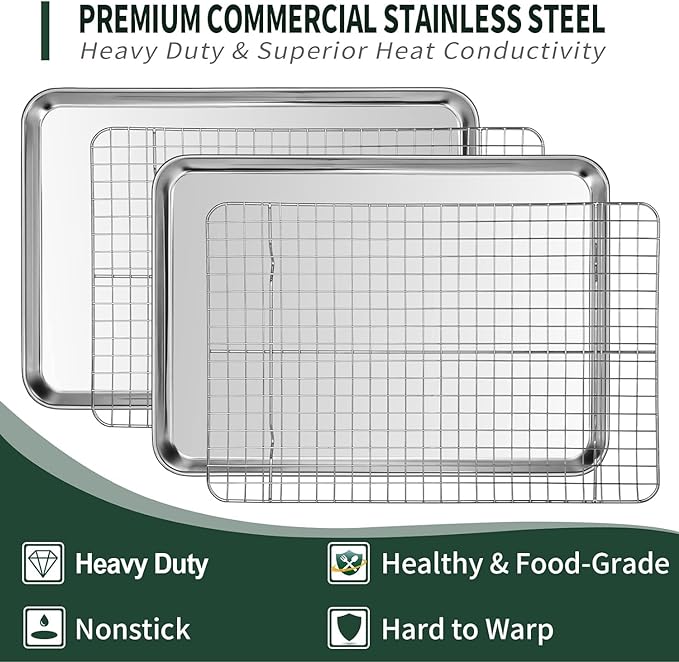 Jelly Roll Pan with Cooling Rack Set [2 Baking Pans + 2 Baking Racks], CEKEE Stainless Steel Baking Sheet Tray with Wire Rack Set, Commercial Quality, Rust Proof & Nonstick, Size 15.94 x 12 x 1 Inch