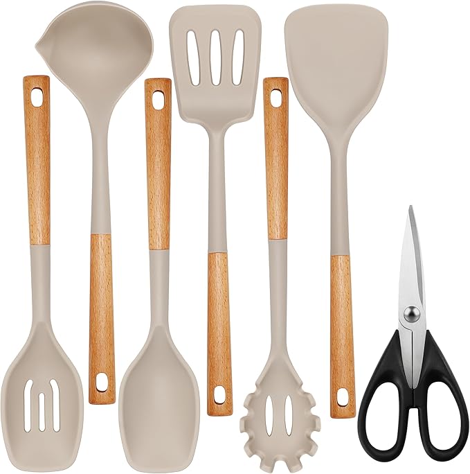 QMVESS Silicone Cooking Utensils Set, Kitchen Utensils Set 7 Pcs with Long Wooden Handle, Food Grade and Heat Resistant Large Silicone Spatula Set for Nonstick Cookware, BPA Free（Khaki）