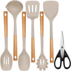 QMVESS Silicone Cooking Utensils Set, Kitchen Utensils Set 7 Pcs with Long Wooden Handle, Food Grade and Heat Resistant Large Silicone Spatula Set for Nonstick Cookware, BPA Free（Khaki）