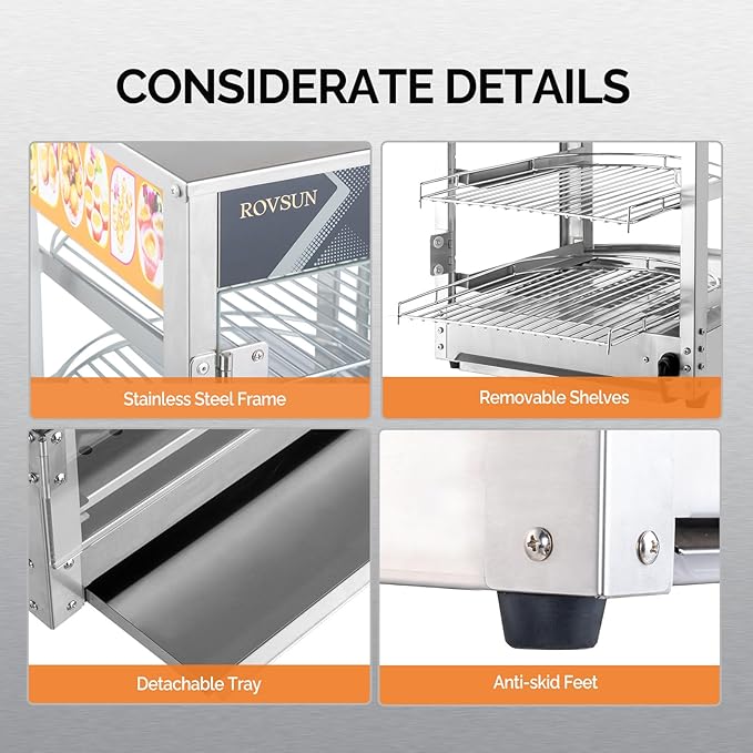 ROVSUN 3-Tier Food Warmer Pizza Warmer Countertop, Commerical Food Warmer Display with LED Lighting Removable Shelves Glass Door, Pretzel Warmer for Buffet Restaurant Cafe, 110V 800W