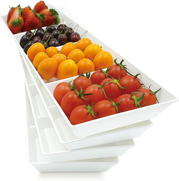 Divided Serving Tray Platter, 4 Pack 17.6" x 6" Fruit Veggie Food Tray for Party, Plastic Serving Trays for Appetizer, Snack, Dessert, Cookie, Brunch Decorations Platters, White Trays BPA-Free