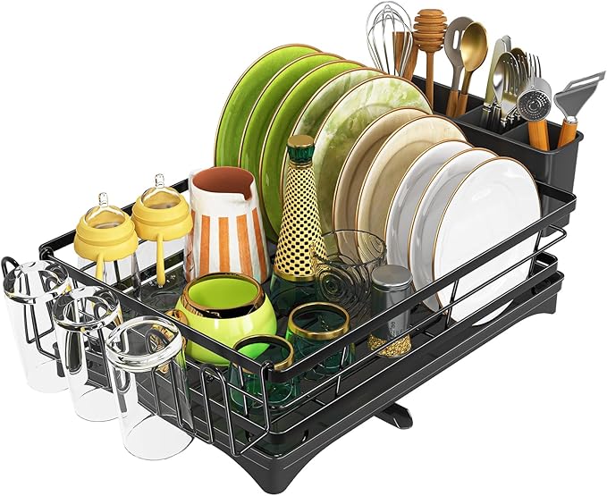 Dish Drainer, Anti-Rust Dish Rack for Kitchen Counter, Large-Capacity Dish Drying Rack with Cutlery & Cup Holder, 12" D x 15" L, Stainless Steel, Black