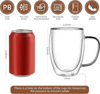 CNGLASS 6 Pack Double Walled Glass Coffee Mugs，12oz Clear Coffee Cups with Handle，Insulated Glass Espresso Mugs for Latte,Cappuccino,Tea