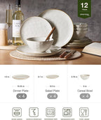 Famiware Dinnerware Sets for 4, Ocean Round 12-Piece Kitchen Plates and Bowls Sets, Microwave and Dishwasher Safe, Scratch Resistant, Vanilla White