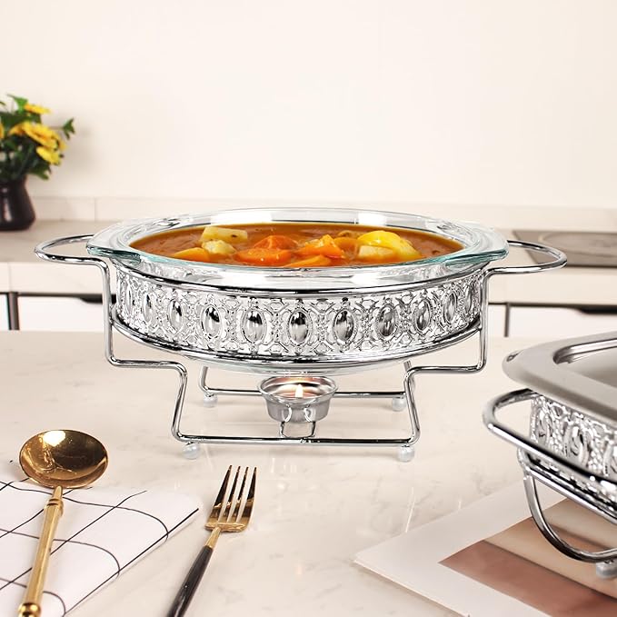 Casserole Dish 9"Glass Baking Dish with Stainless steel Lid and rack, Silver round 1.5 Qt Baking Pan For Casserole & Lasagna, Microwave Dishwasher Freezer Oven Safe