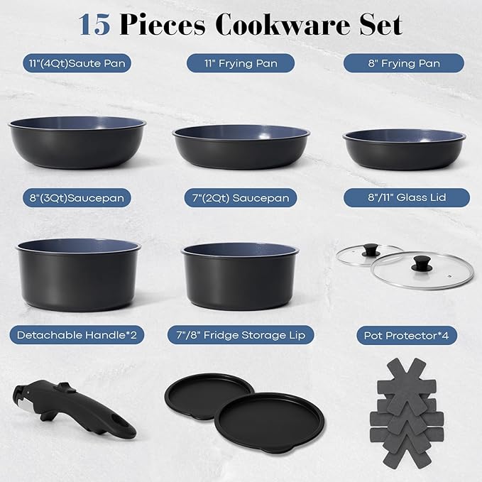 15 Pcs Pots and Pans Set Non Stick, Detachable Handle Ceramic Cookware Sets Nonstick, Non Toxic Induction RV Kitchen Cooking Set with Removable Handles, Dishwasher/Oven Safe, Easy Clean