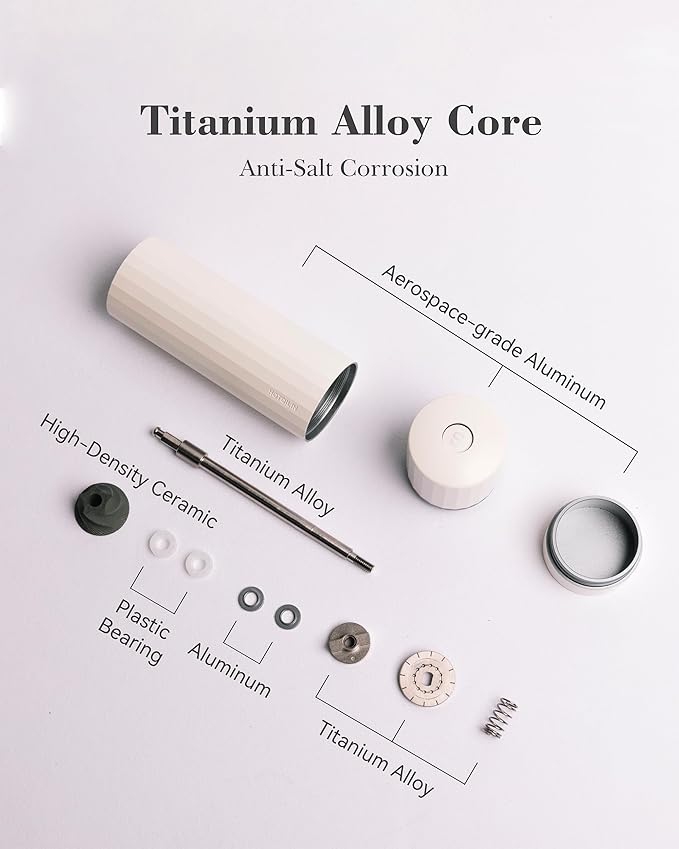 Salt Grinder Refillable Hotqilin – Manual Salt and Pepper Grinder with Titanium Alloy Core, 60+ Adjustable Settings | High Output, Easy to Clean, Durable Aluminum Body