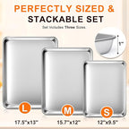 Baking Sheet Set of 3, Commercial Grade Stainless Steel Cookie Sheets for Baking, 12/16/17.5 Inch, Thicker and Firmer Baking Pans Set, Rust & Warp Resistant & Nonstick, Nontoxic&Heavy Duty&Easy Clean