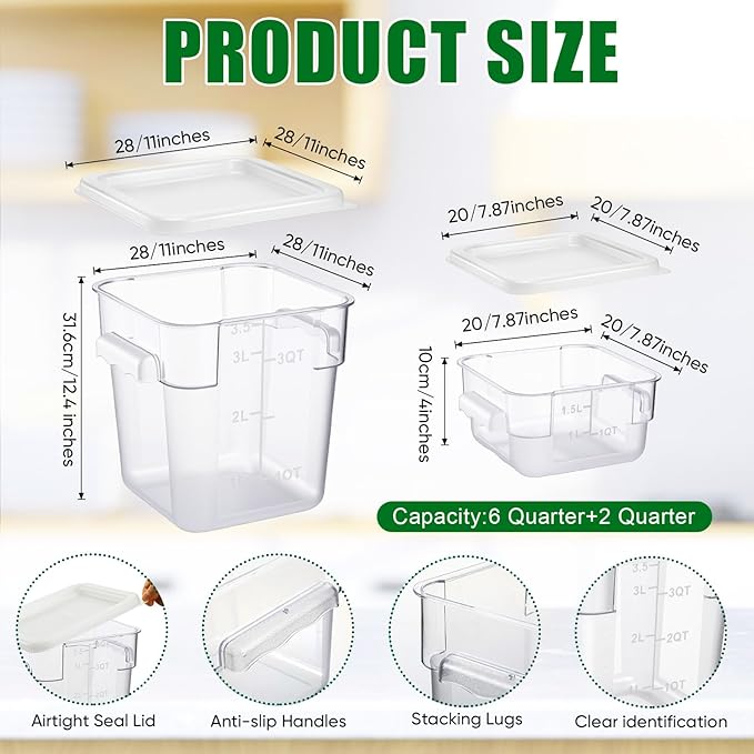 2 Pieces Square Food Storage Containers Polycarbonate Clear food Container with Lid Commercial Storage with Graduations for Commercial Kitchen Dough Marinating Meat (White,2 Qt,4 Qt)