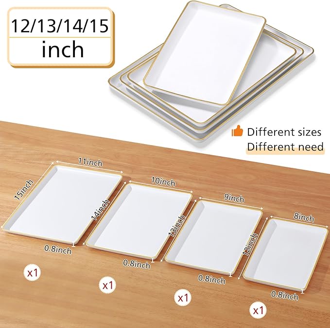 Rtteri Set of 4 Large Serving Platter Set 15/14/13/12 Inch Heavy Plastic Serving Trays Unbreakable Rectangular Platter Reusable Wood Grain Tray for Buffet Wedding Christmas Party(White and Gold)