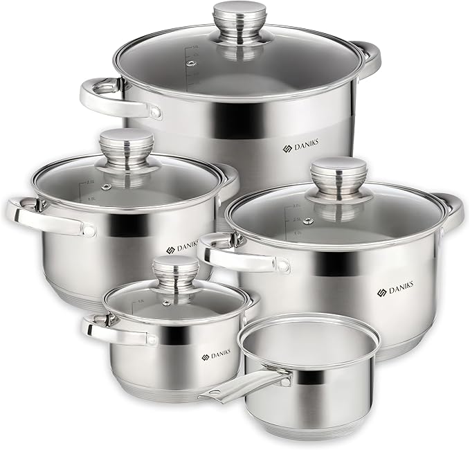 Daniks Standard 9-Piece Stainless Steel Induction Cookware Set, Saucepan, Dishwasher Safe Pots, Measuring Scale, Glass Lids, For Soup, Pasta, Stew, Silver