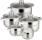 Daniks Standard 9-Piece Stainless Steel Induction Cookware Set, Saucepan, Dishwasher Safe Pots, Measuring Scale, Glass Lids, For Soup, Pasta, Stew, Silver