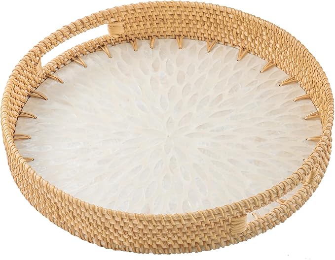 13.8 in Round Rattan Serving Tray with Handle, Mother of Pearl Inlay Wooden Base, Decorative Wicker for Table, Kitchen Island & Home Decor (White Leaf)