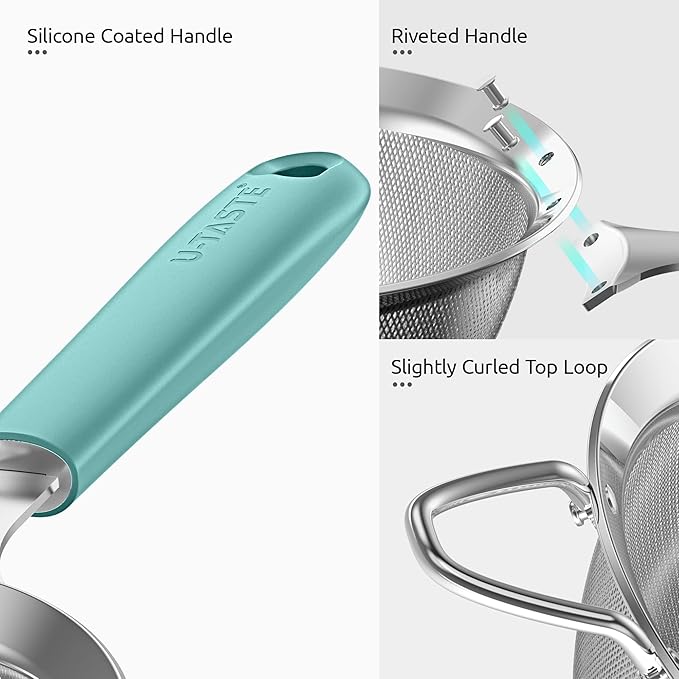 18/8 Stainless Steel Mesh Strainer: U-Taste 5.5 Inch Kitchen Fine Mesh Sieve Food Colander with Riveted Sturdy Silicone Handle and 30 Mesh Hole for Straining Flour, Pasta, Fruit, Quinoa(Aqua Sky)