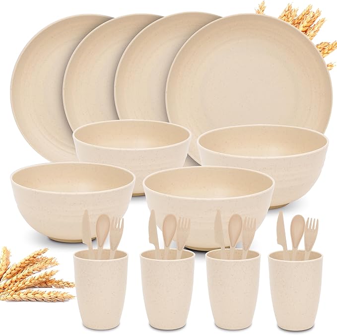 Wheat Straw Dinnerware Sets for 4 - KFT Lightweight & Unbreakable Dishes Microwave & Dishwasher Safe Perfect for Camping, Picnic, RV, Dorm Plates, Cups and Bowls