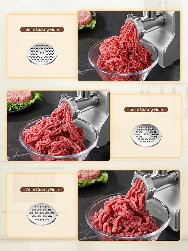 Meat Grinder Heavy Duty - 5 in1 Meat Grinder for Home Use - 3000W Max Powerful - Sausage Stuffer with 3 Stainless Steel Grinding Plates - Size #12 (silver)