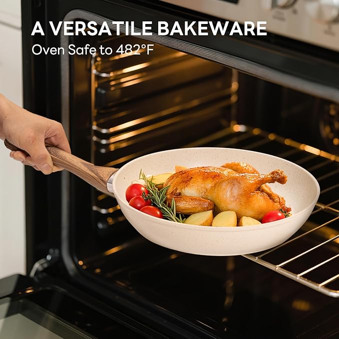 NEWBULIG Cookware Set, Nonstick & Non-Toxic Pots and Pans with Stay-Cool Handles, Induction Compatible, Cream White, 17 Pieces(6 Pot)